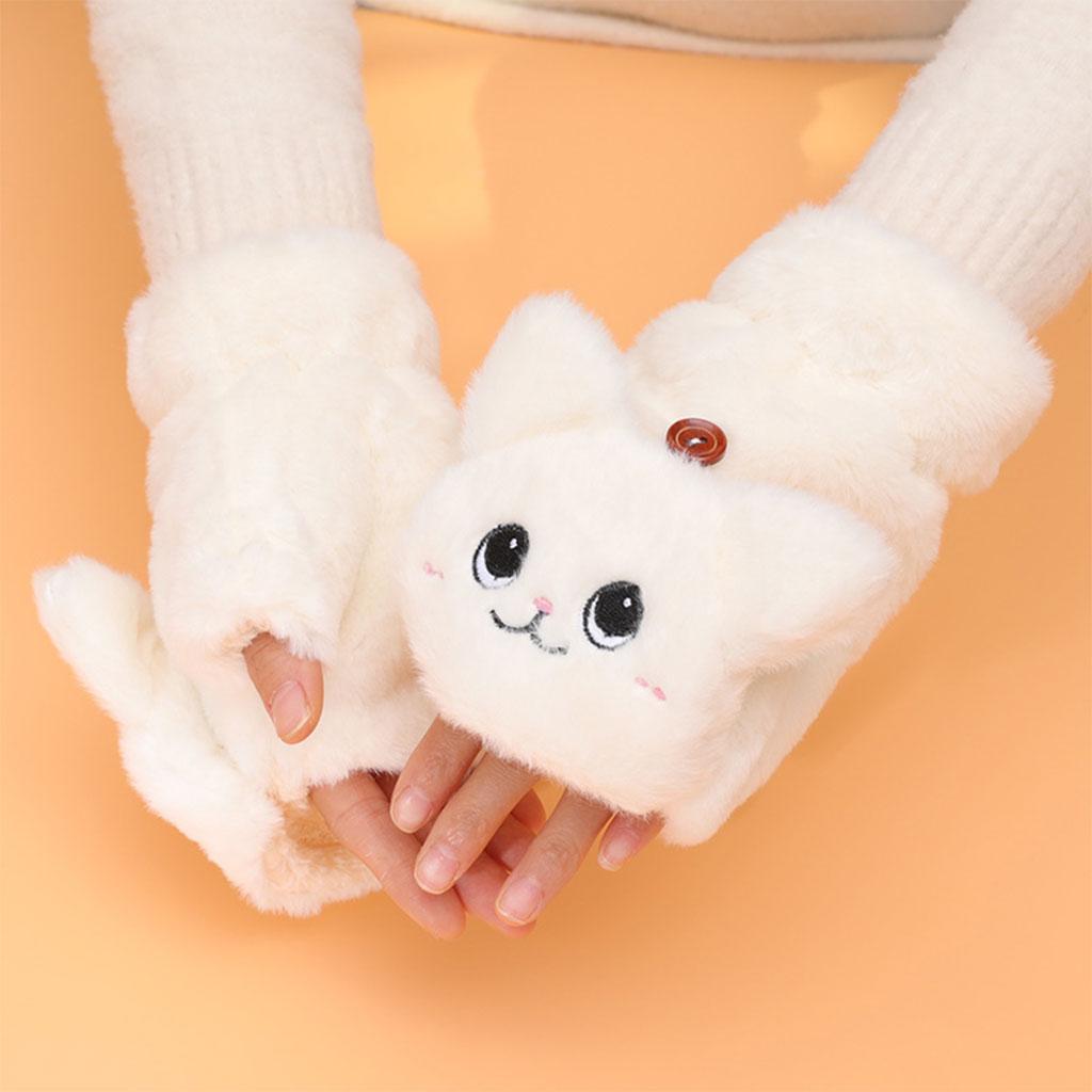 Flip Mittens Women Girl Plush Thick Faux Fur Warm Fingerless Gloves White
