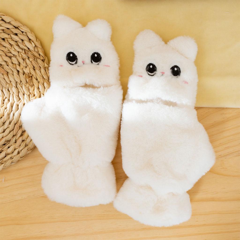 Flip Mittens Women Girl Plush Thick Faux Fur Warm Fingerless Gloves White
