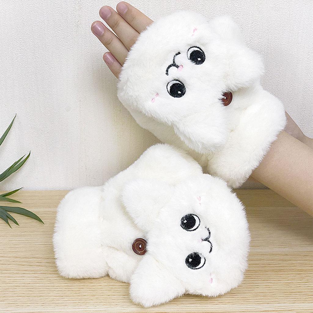 Flip Mittens Women Girl Plush Thick Faux Fur Warm Fingerless Gloves White