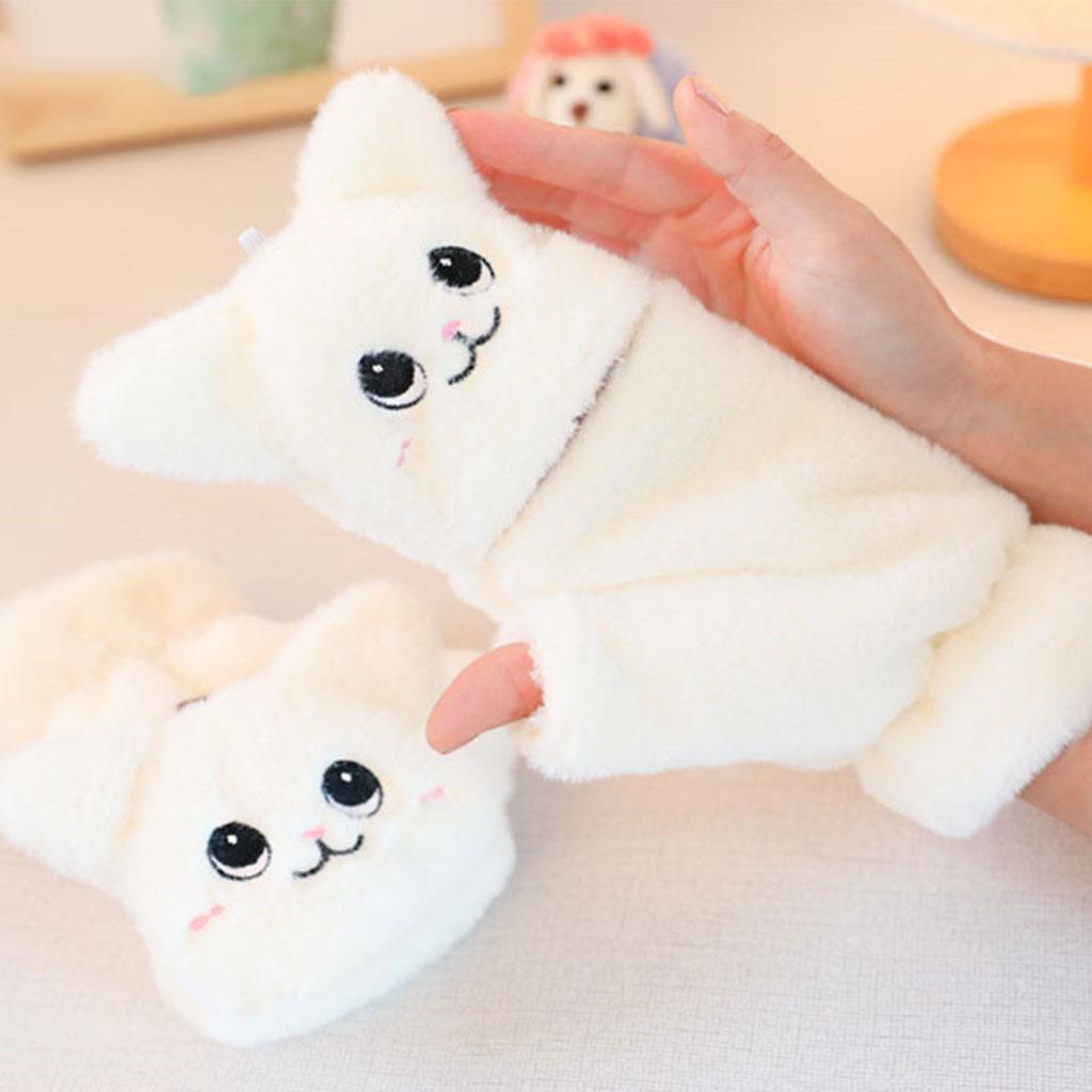Flip Mittens Women Girl Plush Thick Faux Fur Warm Fingerless Gloves White