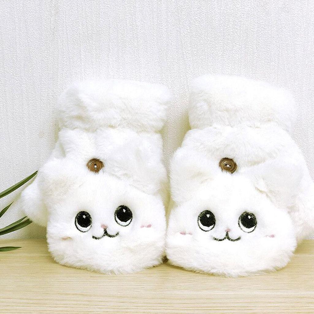Flip Mittens Women Girl Plush Thick Faux Fur Warm Fingerless Gloves White