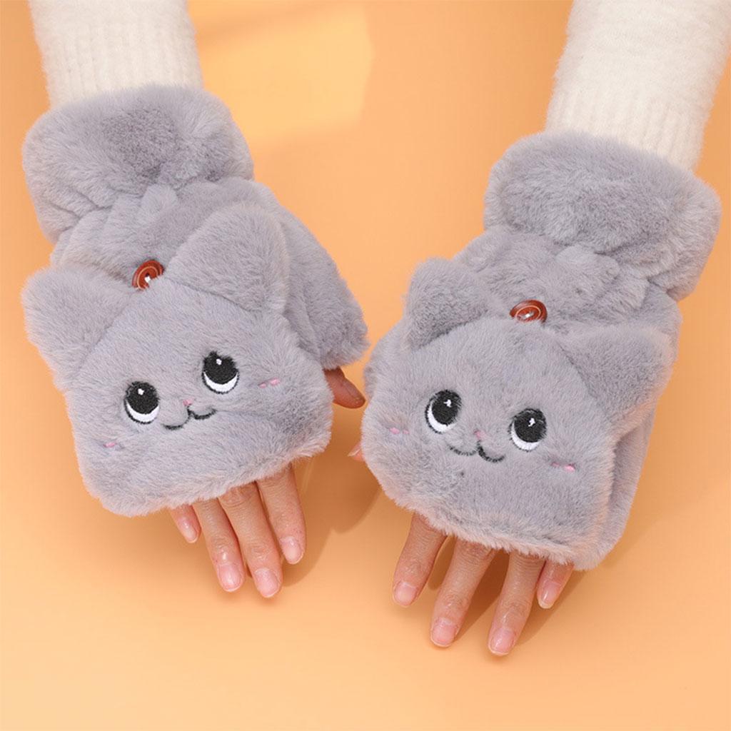 Flip Mittens Women Girl Plush Thick Faux Fur Warm Fingerless Gloves Gray