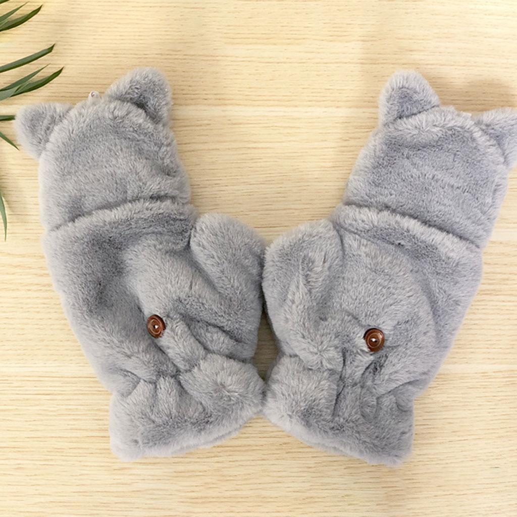 Flip Mittens Women Girl Plush Thick Faux Fur Warm Fingerless Gloves Gray