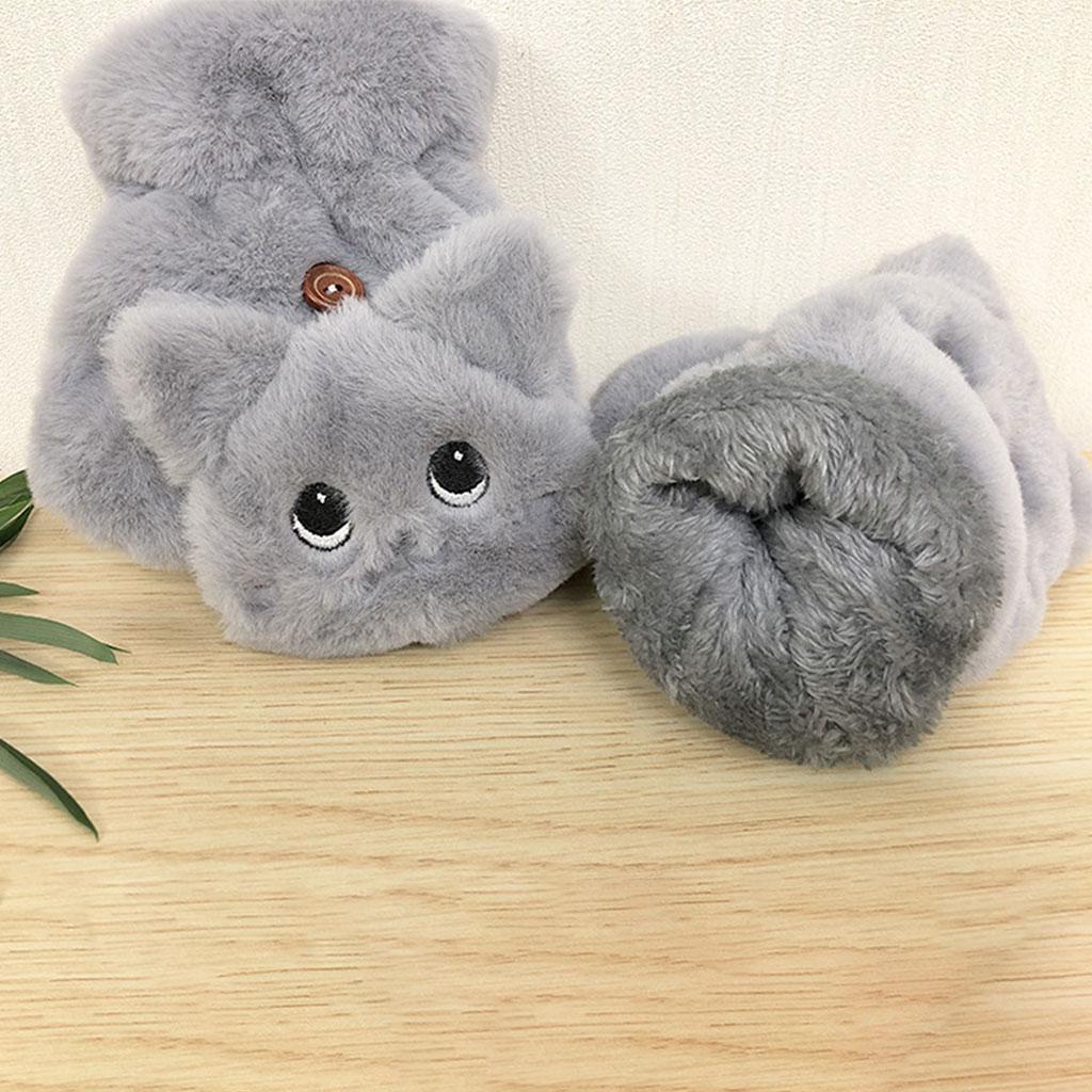 Flip Mittens Women Girl Plush Thick Faux Fur Warm Fingerless Gloves Gray