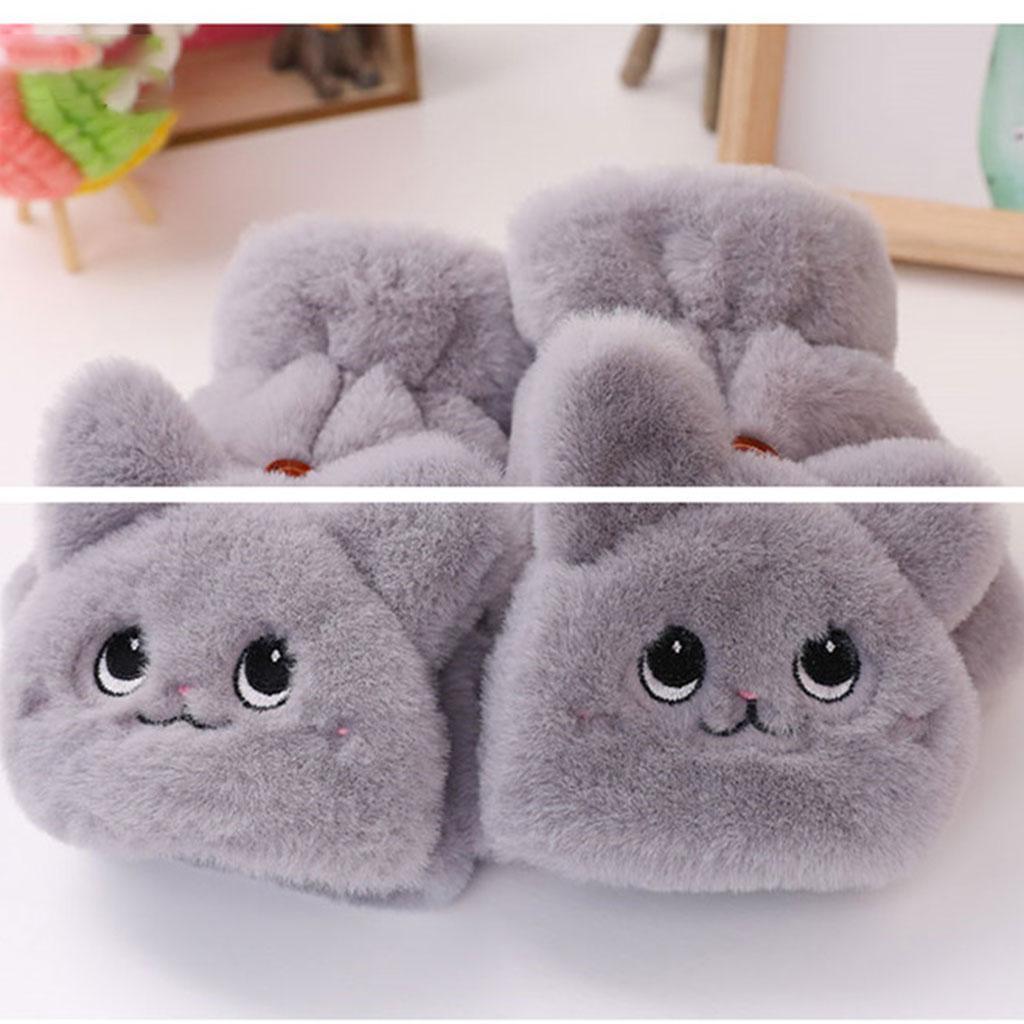 Flip Mittens Women Girl Plush Thick Faux Fur Warm Fingerless Gloves Gray