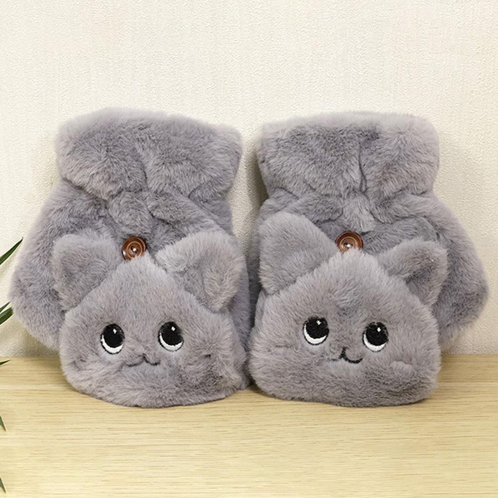 Flip Mittens Women Girl Plush Thick Faux Fur Warm Fingerless Gloves Gray