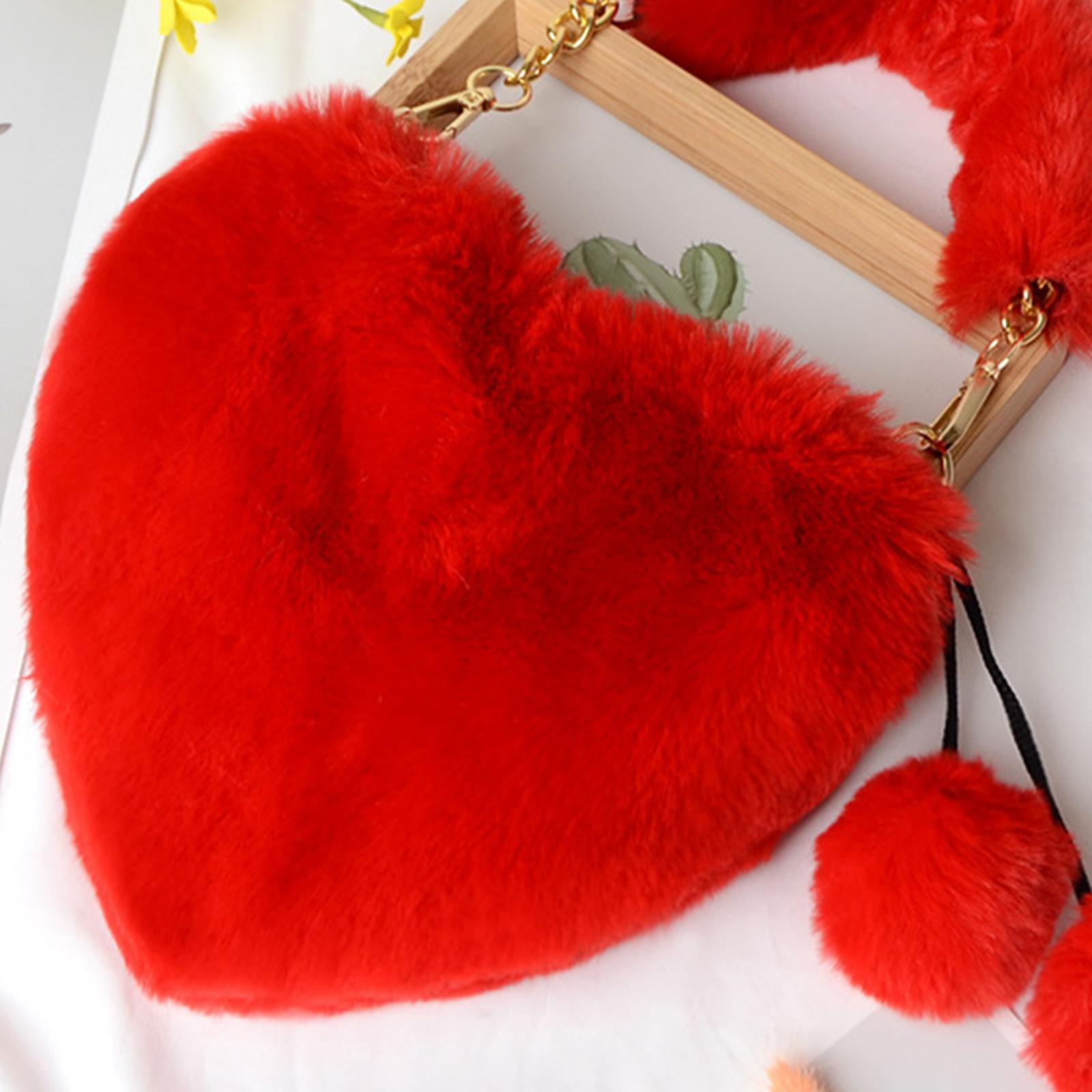 Stylish Women's Faux Fur Handbag Plush Furry Top-Handle Tote Shoulder Bag Red