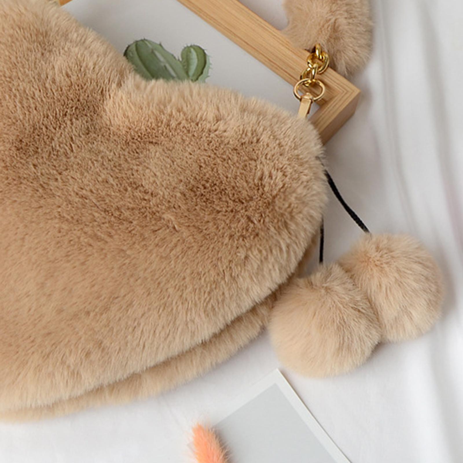 Stylish Women's Faux Fur Handbag Plush Furry Top-Handle Tote Shoulder Bag Khaki