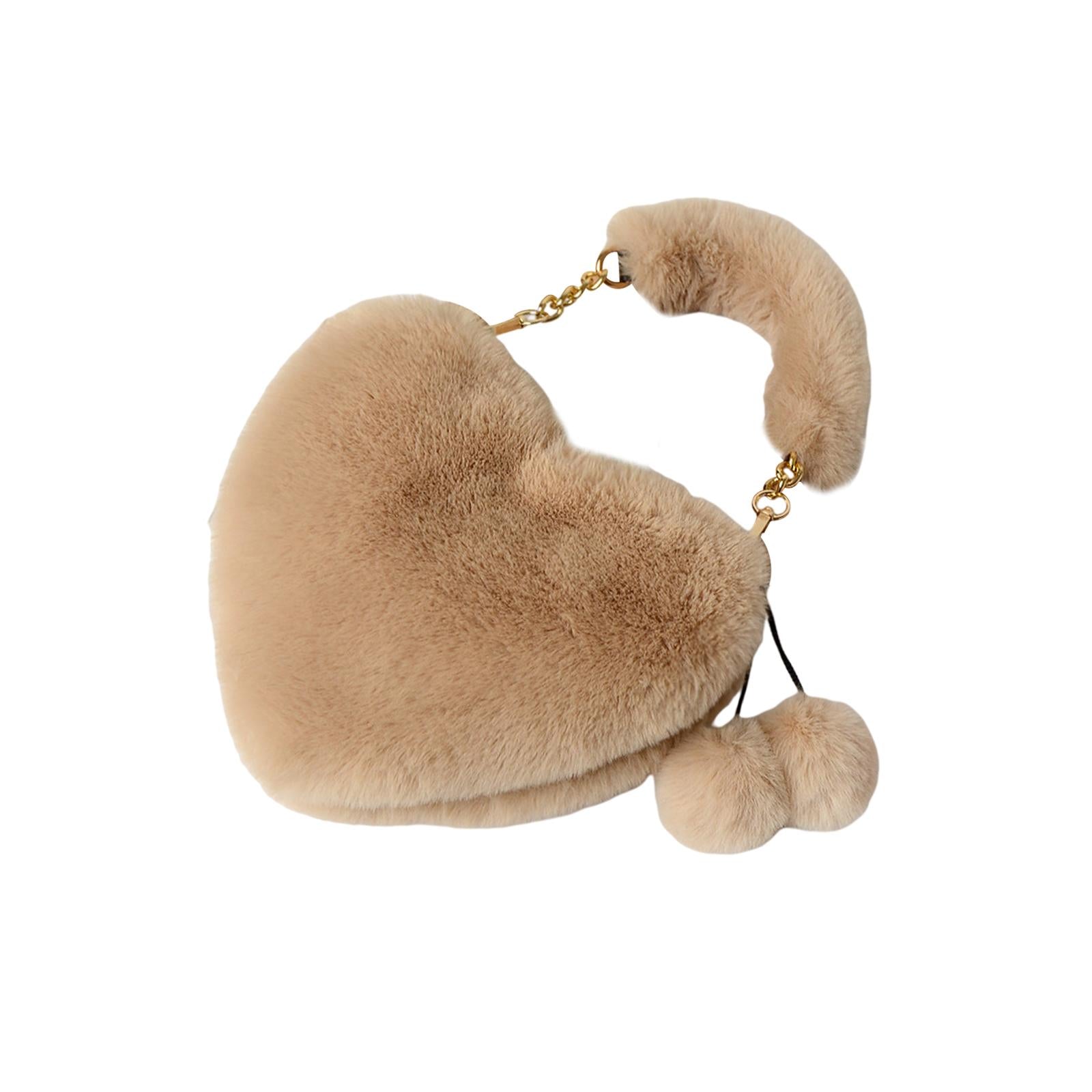 Stylish Women's Faux Fur Handbag Plush Furry Top-Handle Tote Shoulder Bag Khaki