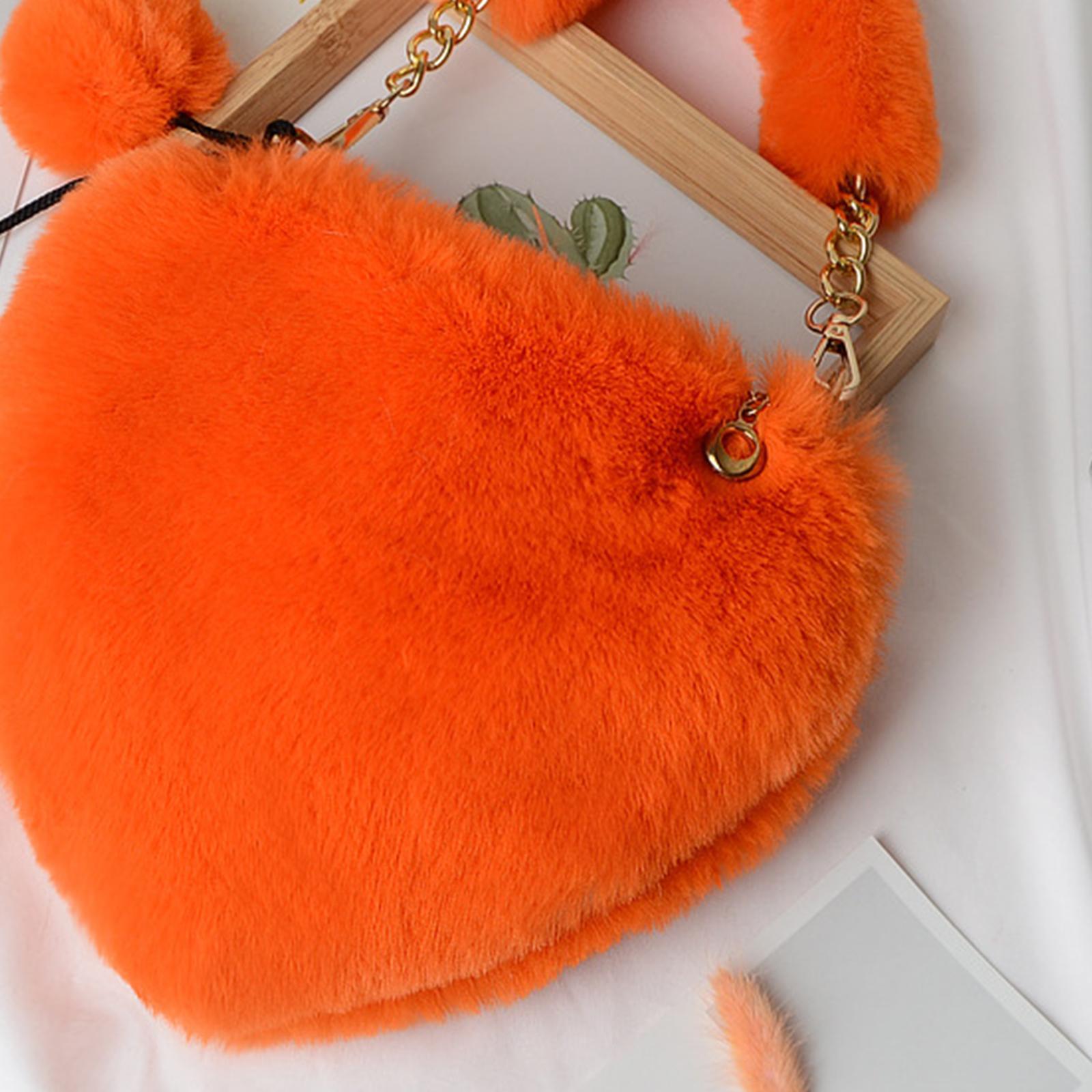 Stylish Women's Faux Fur Handbag Plush Furry Top-Handle Tote Shoulder Bag Orange