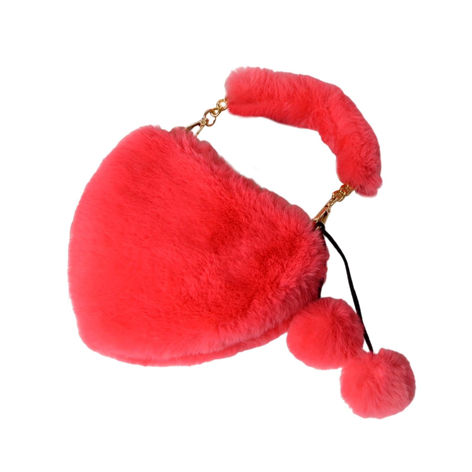 Stylish Women's Faux Fur Handbag Plush Furry Top-Handle Tote Shoulder Bag Red Pink