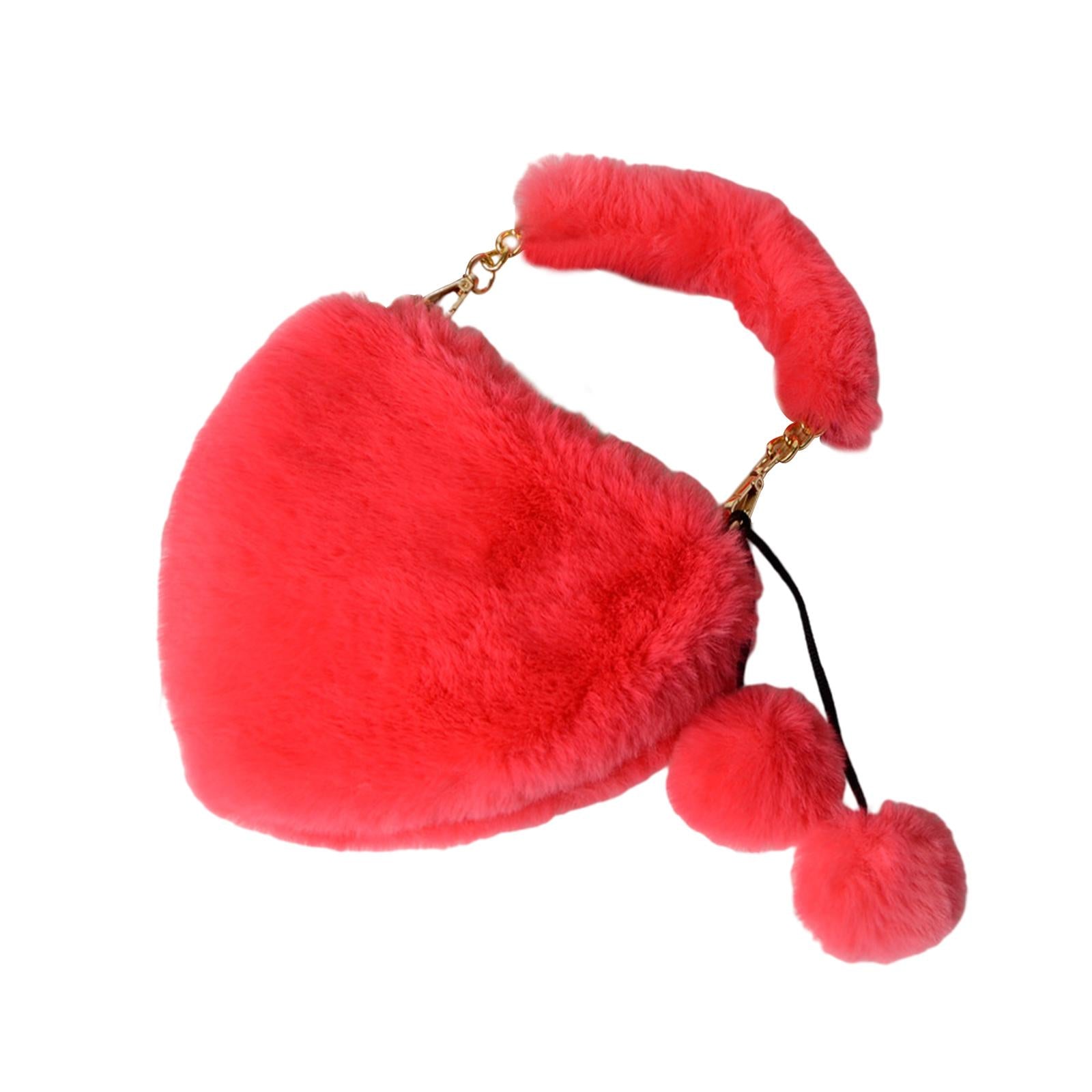 Stylish Women's Faux Fur Handbag Plush Furry Top-Handle Tote Shoulder Bag Red Pink