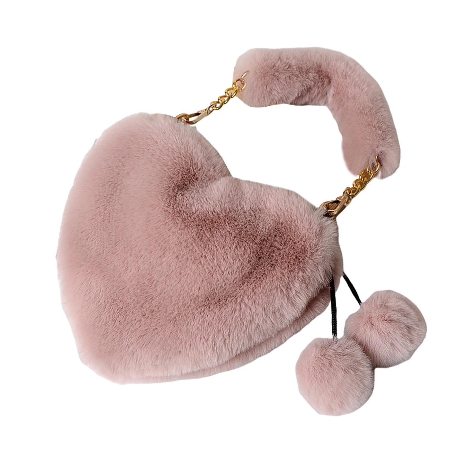 Stylish Women's Faux Fur Handbag Plush Furry Top-Handle Tote Shoulder Bag Gray Pink