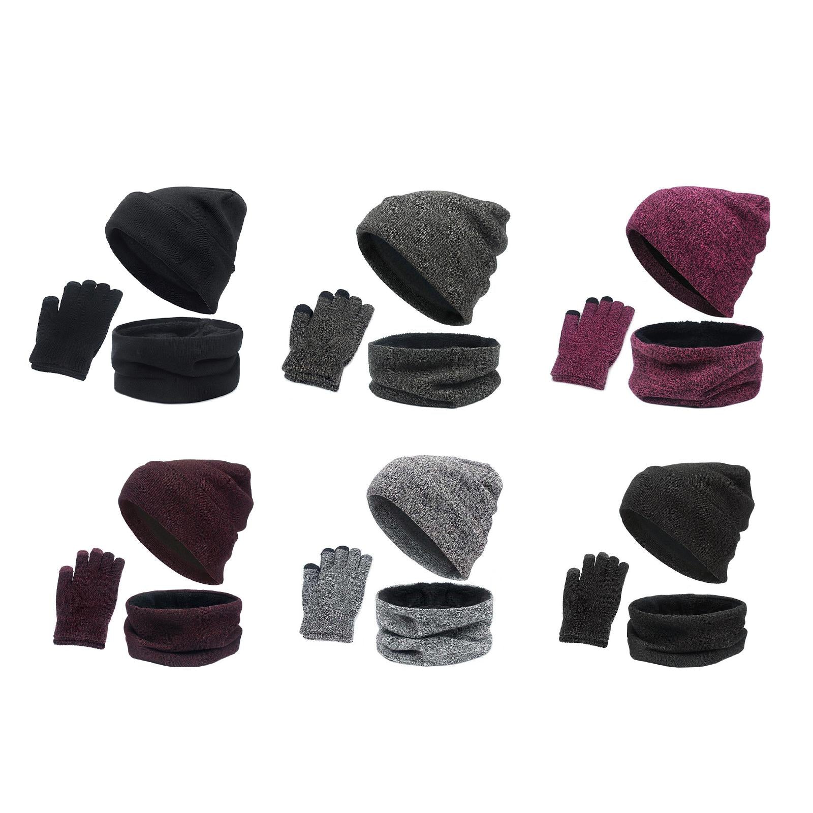 3pcs/Set Winter Hat Scarf and Glove Set for Women Men Outdoor Wine Red