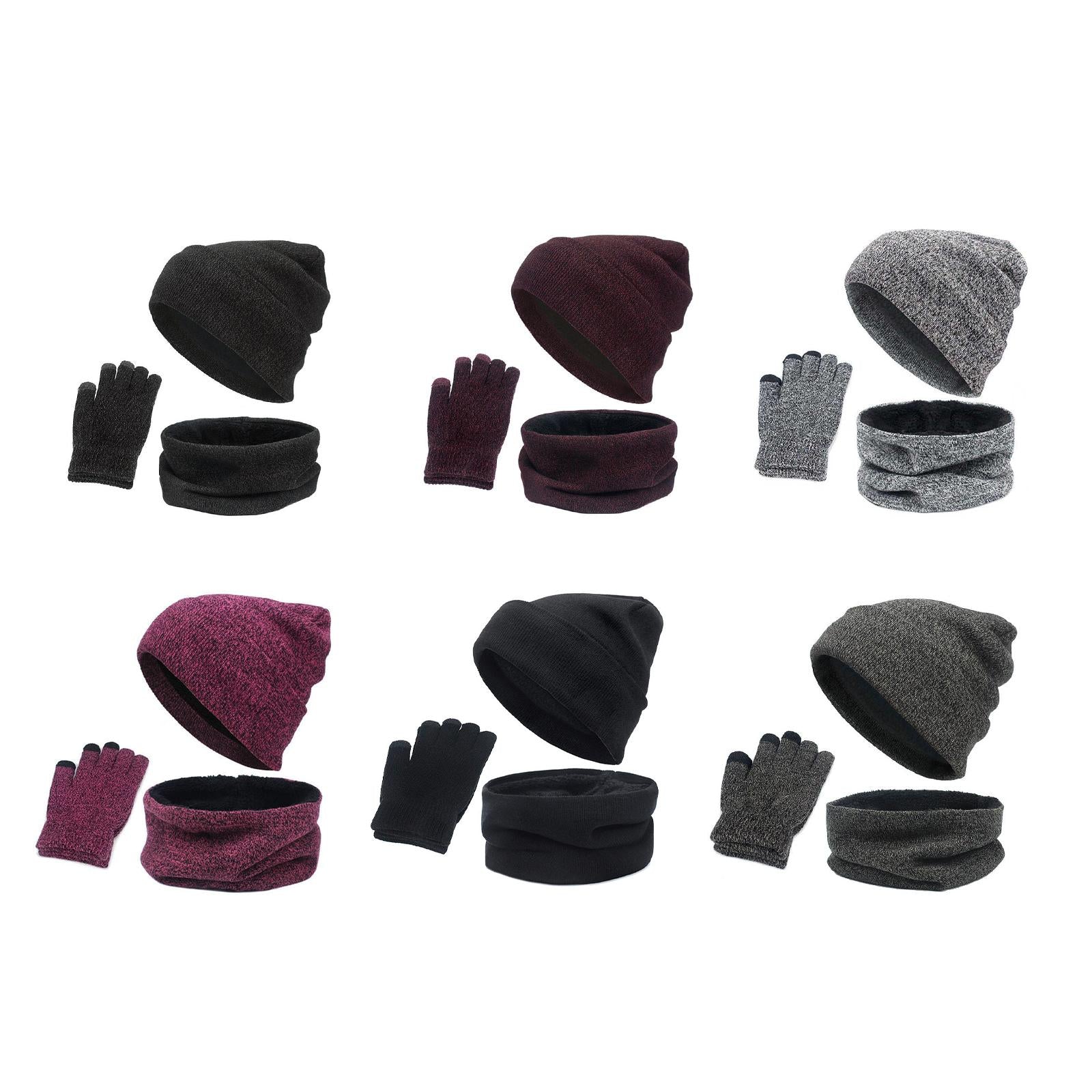 3pcs/Set Winter Hat Scarf and Glove Set for Women Men Outdoor Wine Red