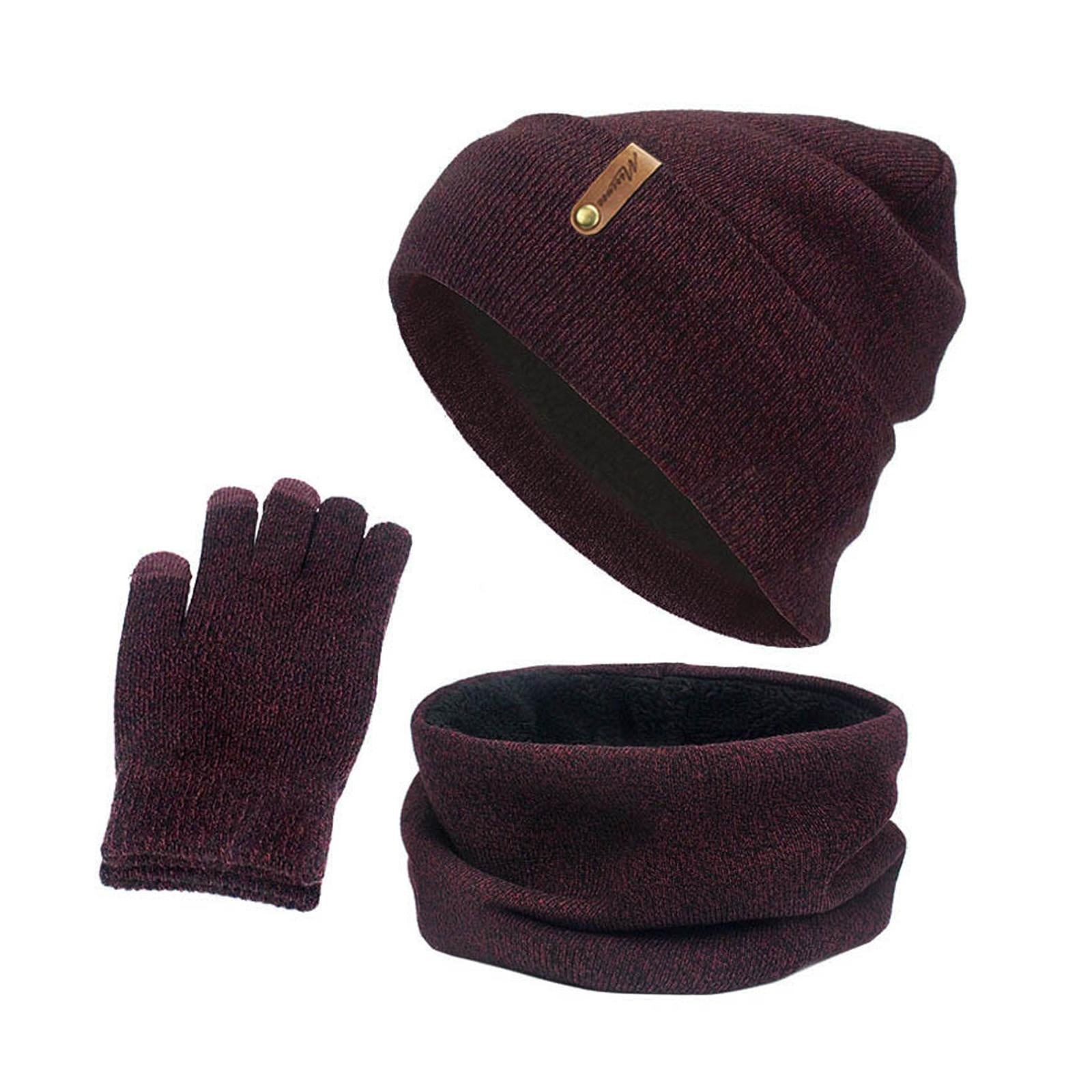 Women Winter Beanie Hat Scarf Hat Knitted Gloves Fleece Lining Wine red