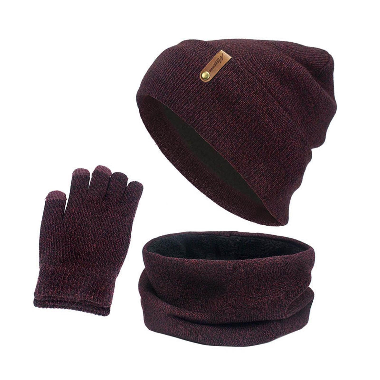 Women Winter Beanie Hat Scarf Hat Knitted Gloves Fleece Lining Wine red