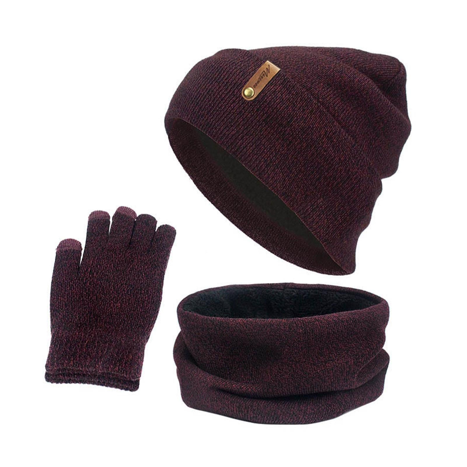 Women Winter Beanie Hat Scarf Hat Knitted Gloves Fleece Lining Wine red