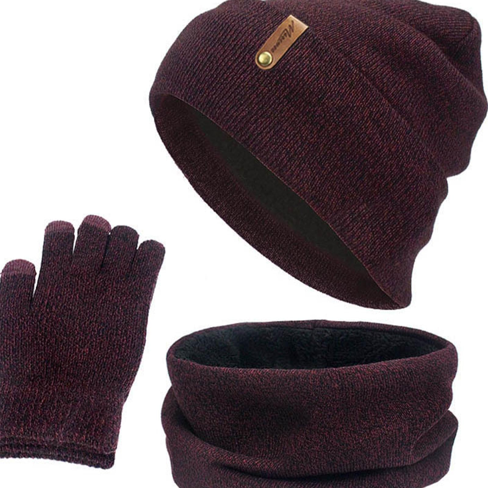 Women Winter Beanie Hat Scarf Hat Knitted Gloves Fleece Lining Wine red