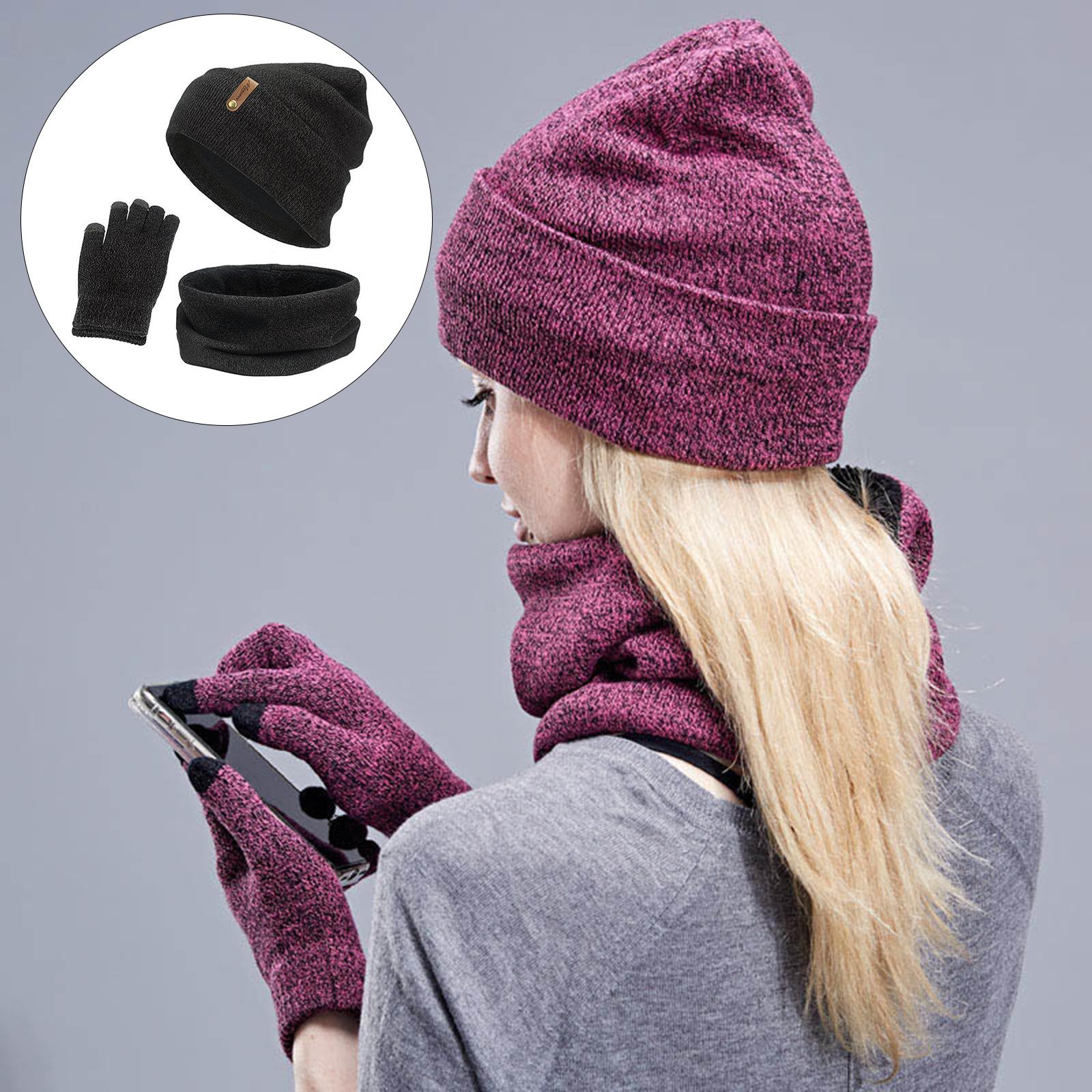 Women Winter Beanie Hat Scarf Hat Knitted Gloves Fleece Lining numb gray