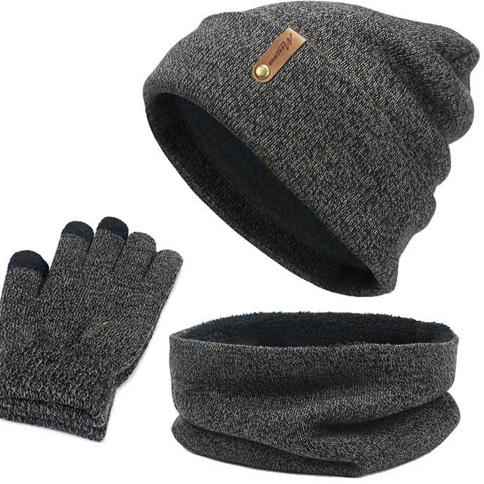 Women Winter Beanie Hat Scarf Hat Knitted Gloves Fleece Lining Dark gray