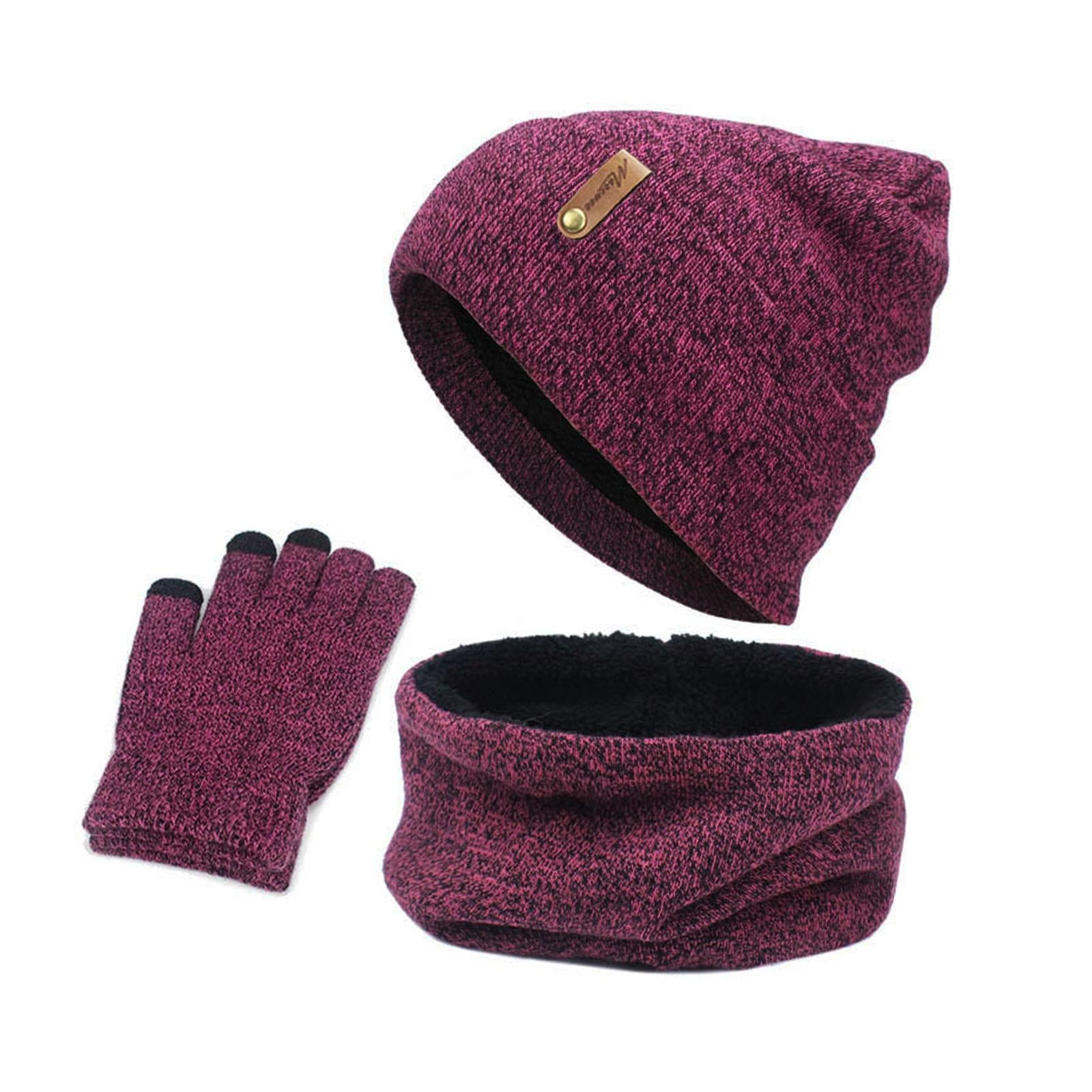 Women Winter Beanie Hat Scarf Hat Knitted Gloves Fleece Lining Rose red