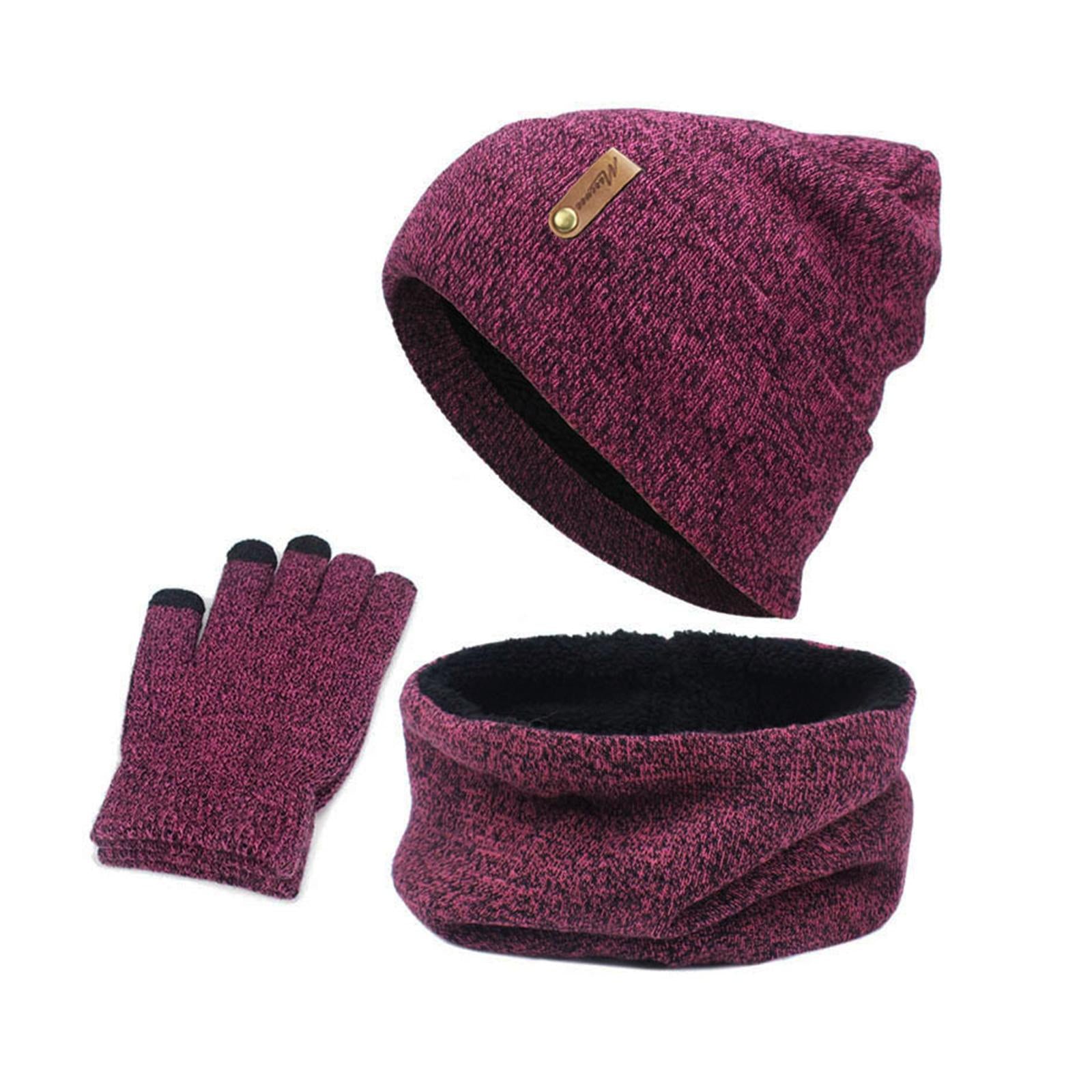 Women Winter Beanie Hat Scarf Hat Knitted Gloves Fleece Lining Rose red