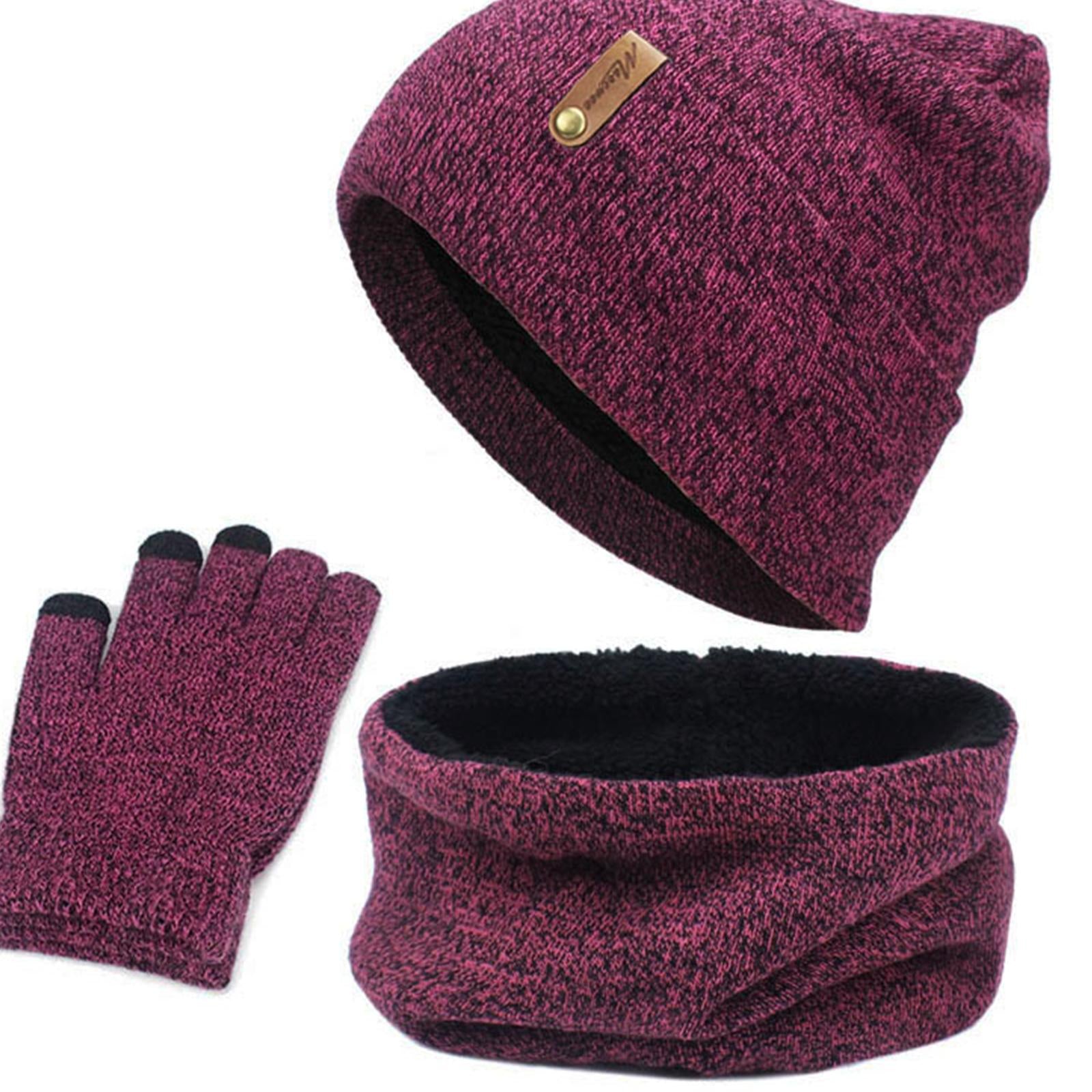 Women Winter Beanie Hat Scarf Hat Knitted Gloves Fleece Lining Rose red