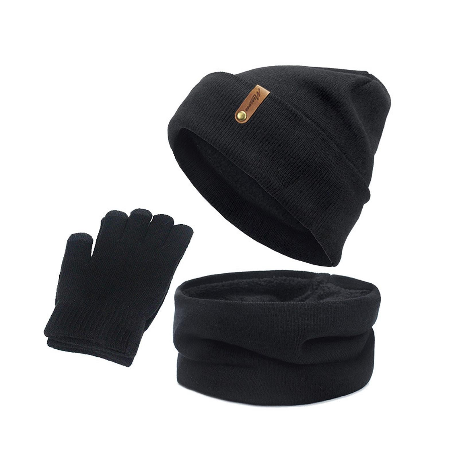 Women Winter Beanie Hat Scarf Hat Knitted Gloves Fleece Lining Black