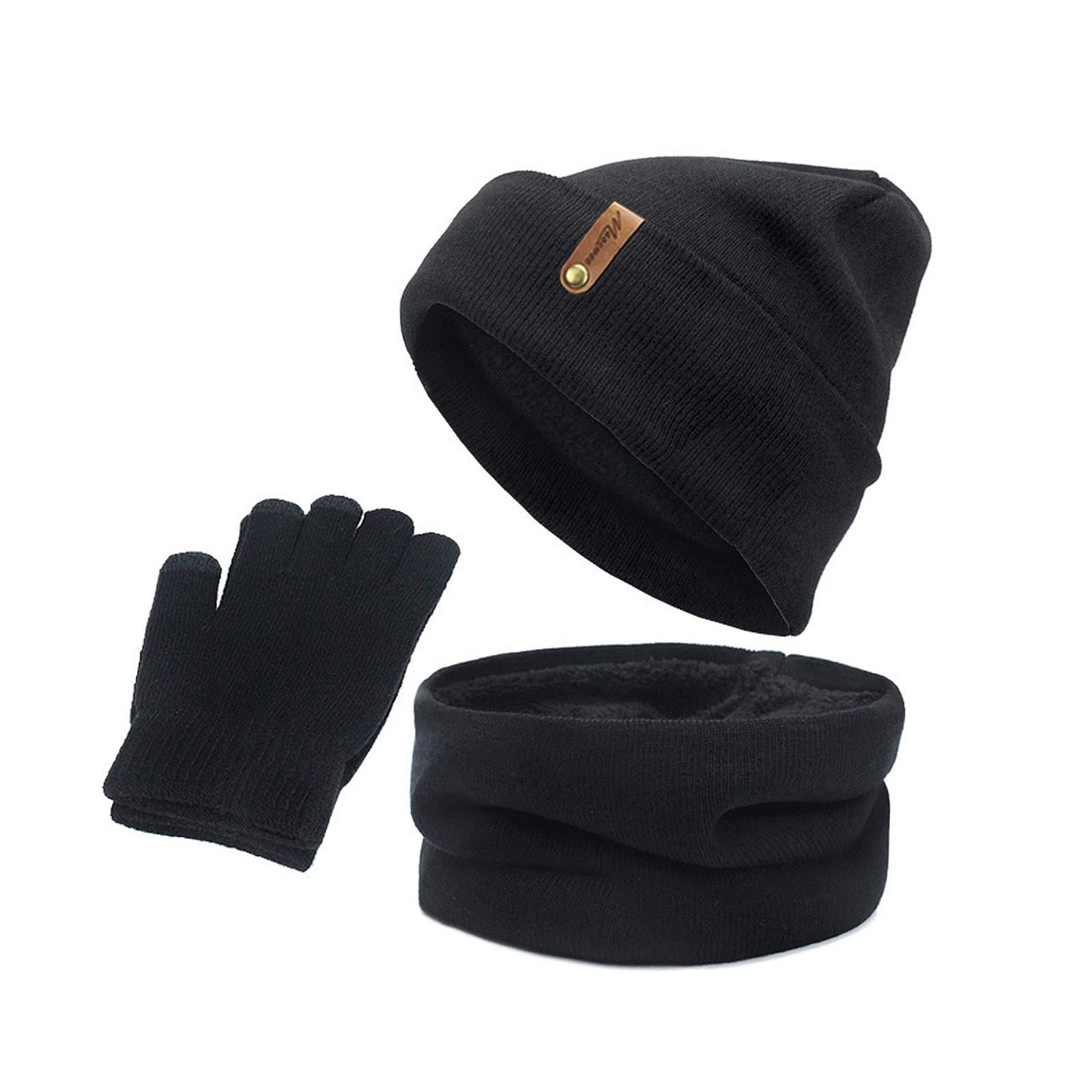 Women Winter Beanie Hat Scarf Hat Knitted Gloves Fleece Lining Black