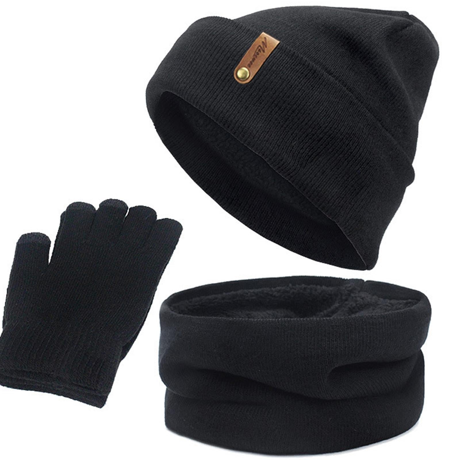 Women Winter Beanie Hat Scarf Hat Knitted Gloves Fleece Lining Black