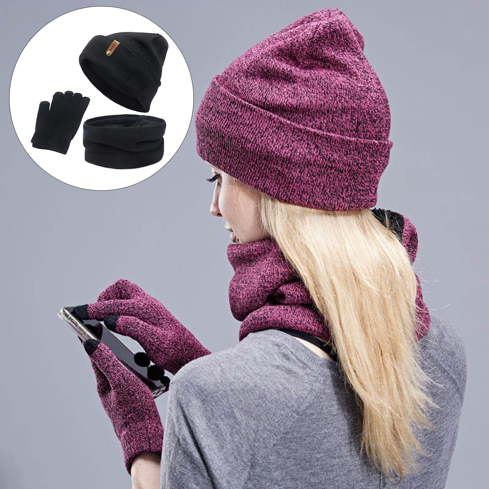 Women Winter Beanie Hat Scarf Hat Knitted Gloves Fleece Lining Black