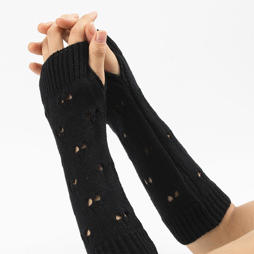 Wrist Arm Hand Warmer Mitten Long Knit Women Winter Half Finger Gloves Black