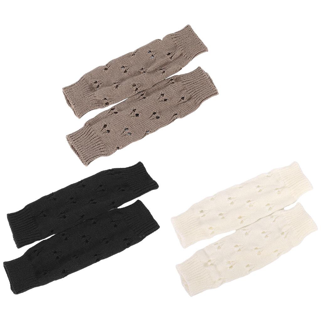 Wrist Arm Hand Warmer Mitten Long Knit Women Winter Half Finger Gloves Black
