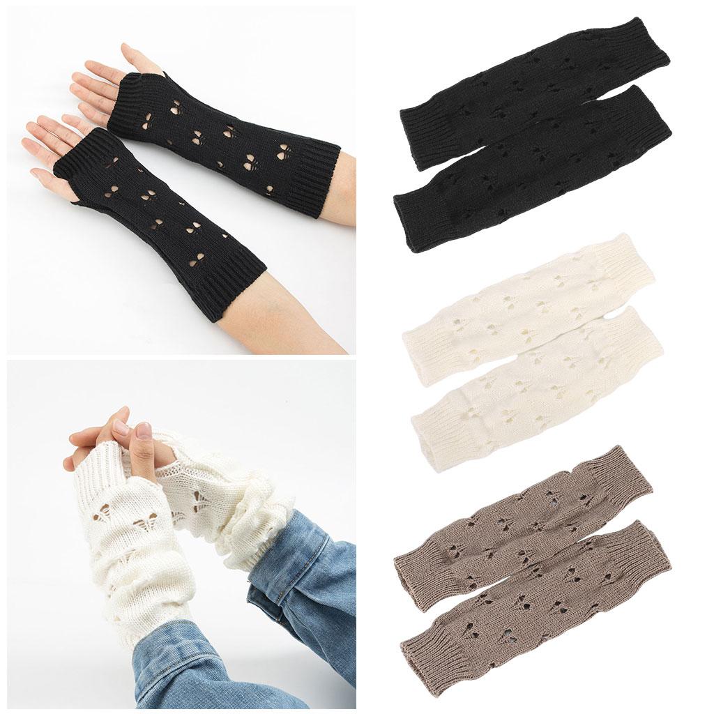 Wrist Arm Hand Warmer Mitten Long Knit Women Winter Half Finger Gloves Black