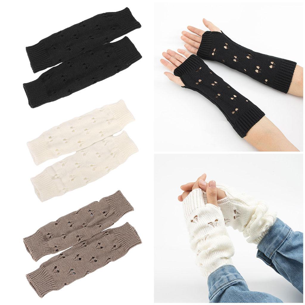 Wrist Arm Hand Warmer Mitten Long Knit Women Winter Half Finger Gloves Black