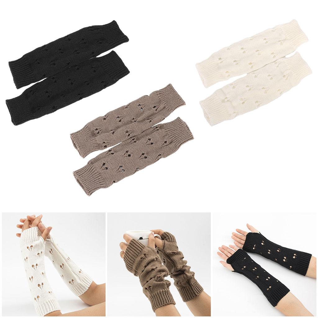 Wrist Arm Hand Warmer Mitten Long Knit Women Winter Half Finger Gloves Black