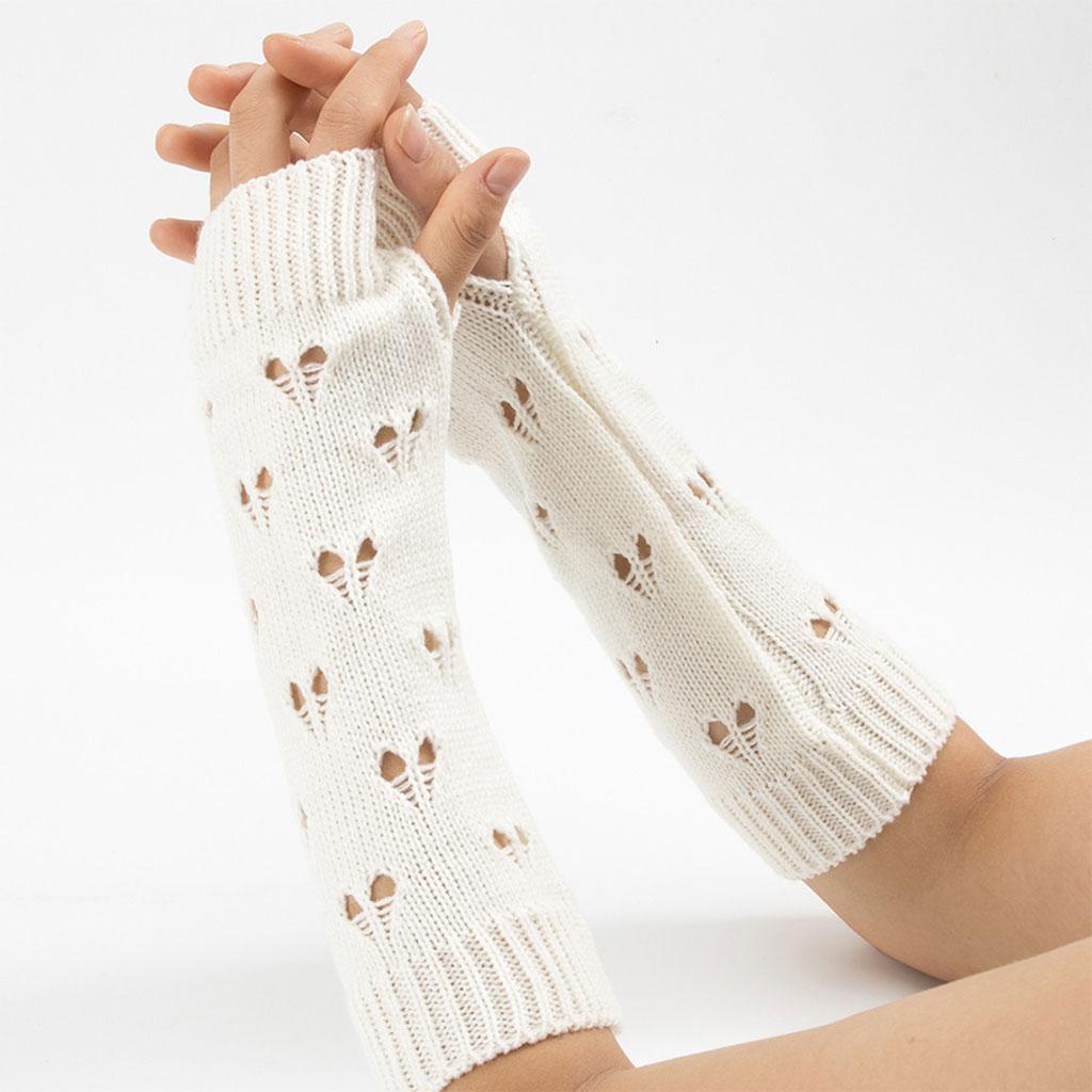 Wrist Arm Hand Warmer Mitten Long Knit Women Winter Half Finger Gloves White