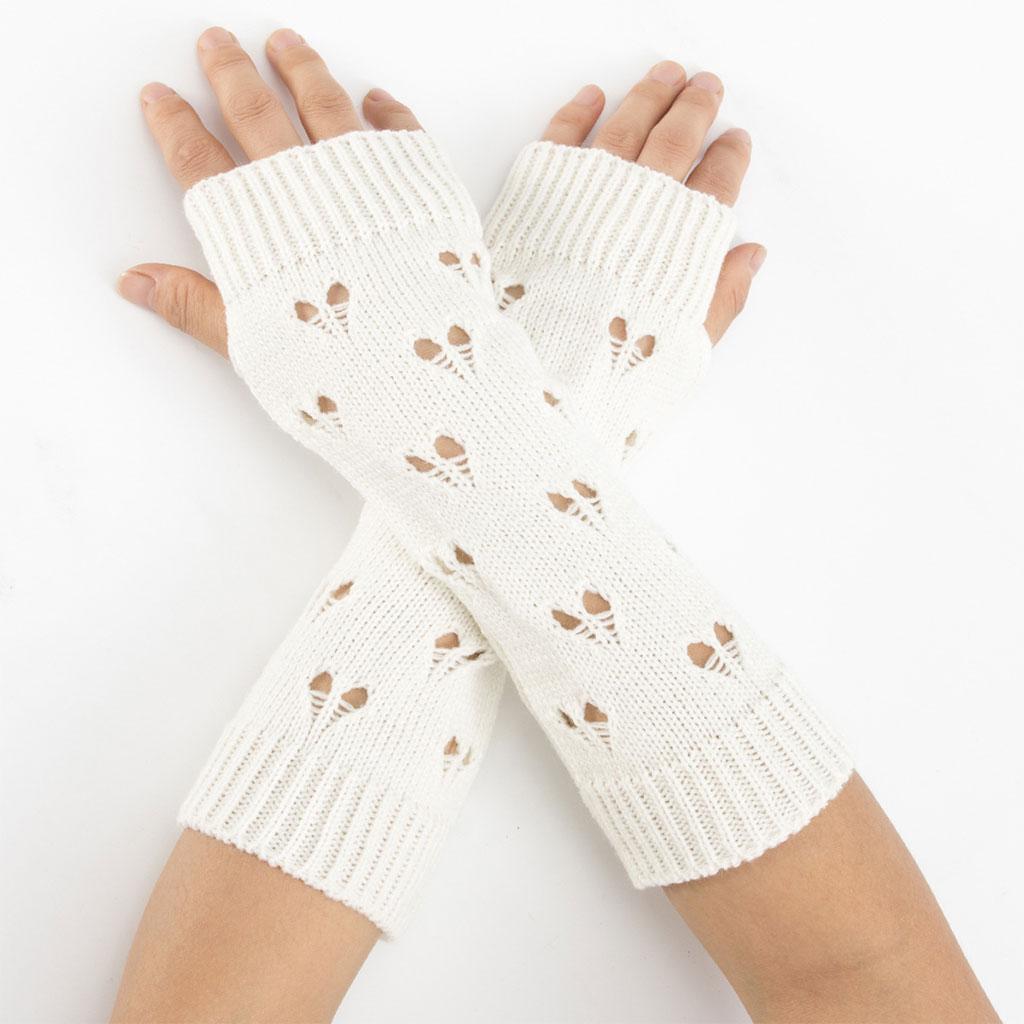 Wrist Arm Hand Warmer Mitten Long Knit Women Winter Half Finger Gloves White