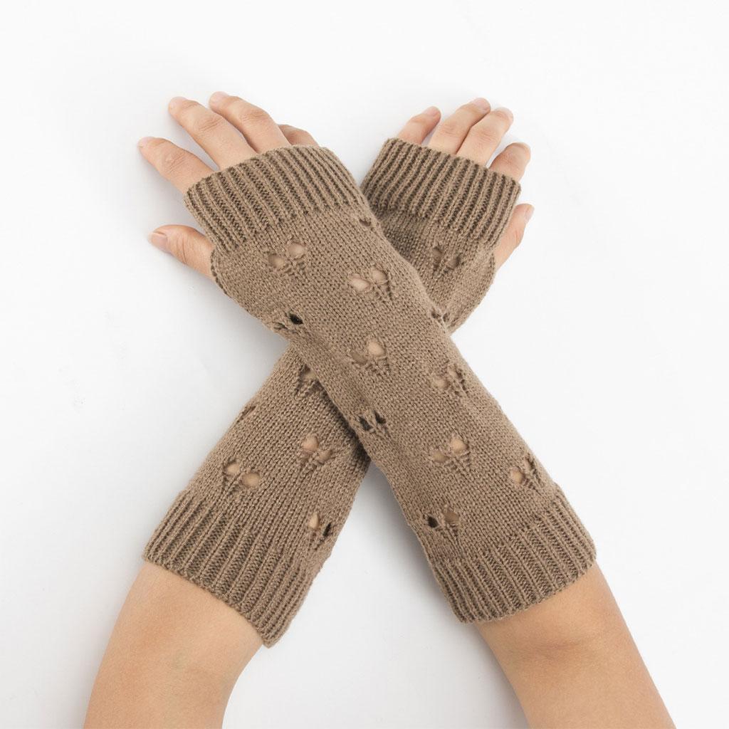 Wrist Arm Hand Warmer Mitten Long Knit Women Winter Half Finger Gloves Khaki