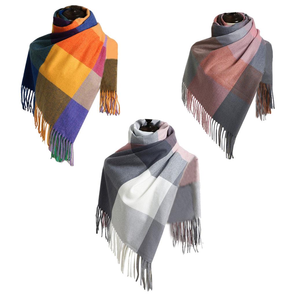 Womens Winter Plaid Scarf Fall Big Grid Neck Wrap Cape Gift Blue Yellow