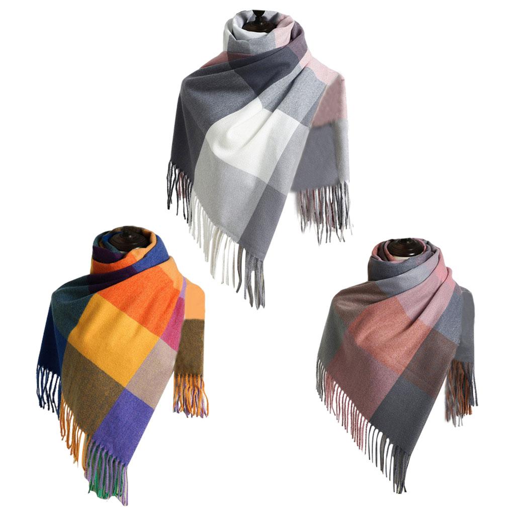 Womens Winter Plaid Scarf Fall Big Grid Neck Wrap Cape Gift Blue Yellow