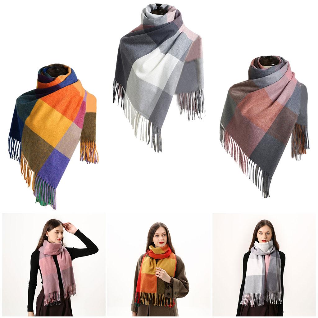 Womens Winter Plaid Scarf Fall Big Grid Neck Wrap Cape Gift Blue Yellow