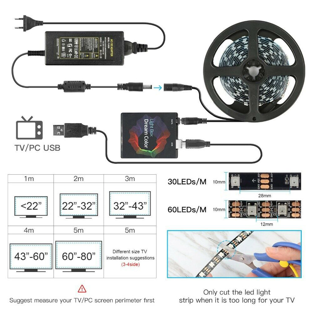 1M/2M/3M/4M/5M RGB 5050 LED Strip Lights Color Changing Tape Light for TV 1m