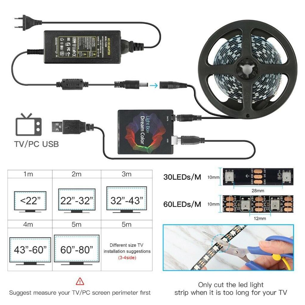 1M/2M/3M/4M/5M RGB 5050 LED Strip Lights Color Changing Tape Light for TV 5m