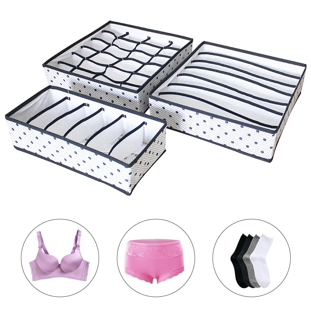 3Pcs Set Foldable Underwear Drawer Bra Socks Wardrobe Organizer Storage Black