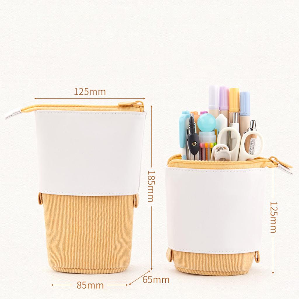 Pen Telescopic Holder Case Portable PU Corduroy Cosmetics Pouch Makeup Bag light yellow