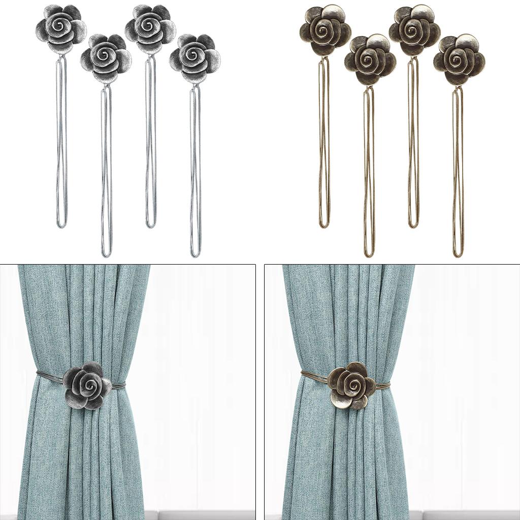 4x Flower Curtain Tiebacks Hooks Holder Buckles Drapery Holdback Black