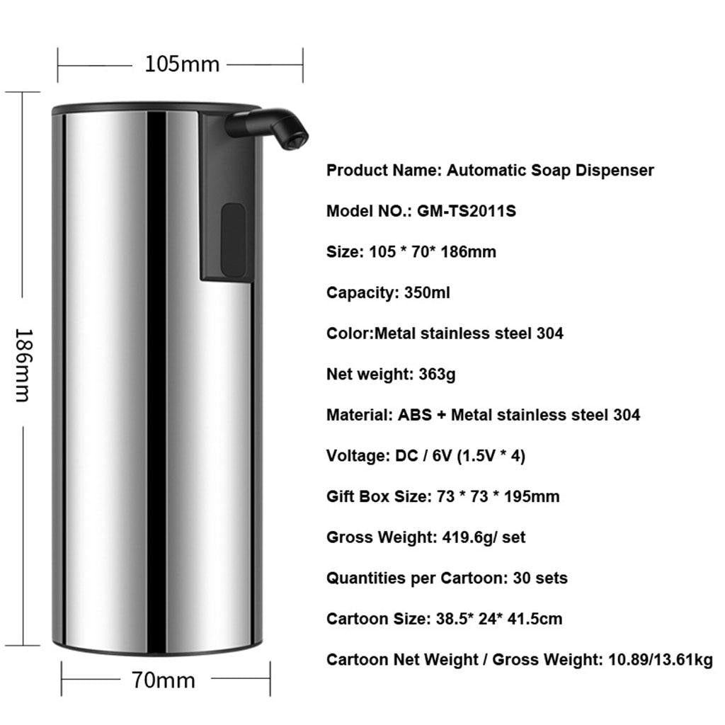 350ml Stainless Steel Bathroom No Touch Automatic Liquid Soap Dispenser