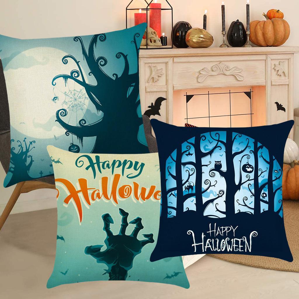 3pcs Soft Linen Pillowcase Halloween Lantern Bedroom Living Room Decor Blue
